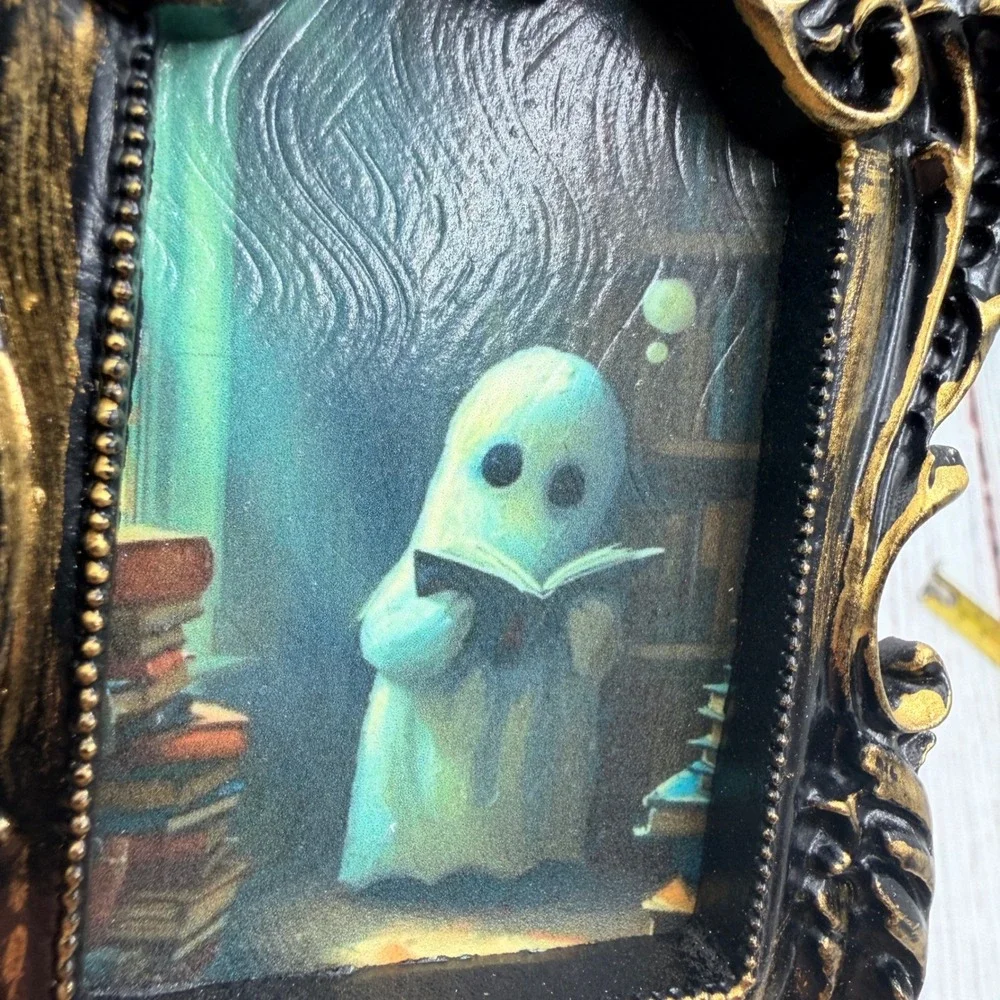 Ornate Gold and Black Ghost Reading Art Print Decoupage Resin Frame 4.75